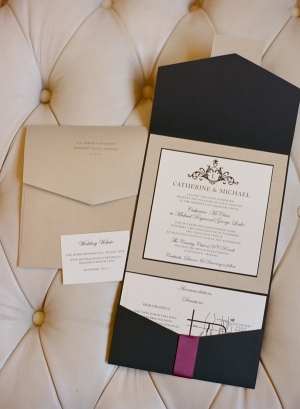 Black Khaki and Dark Fuchsia Wedding Invitation