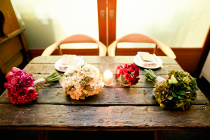Bouquets on Rustic Wood Table