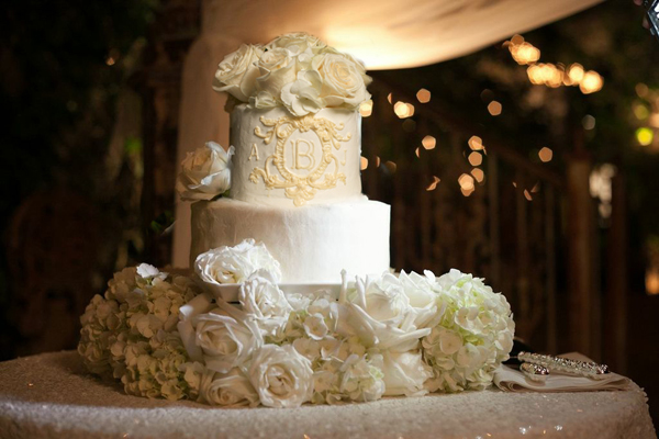 Monogrammed Wedding Cake With Hydrangeas and Roses