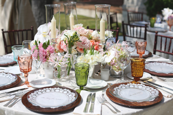 Rose Gold Green and Pink Reception Table Decor