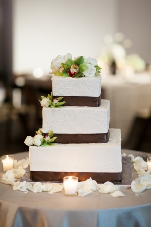 Square Wedding Cake With Brown Satin Ribbon