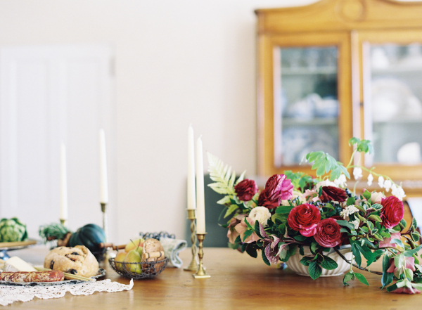 Vintage Tablescape With Green and Red Floral Centerpiece