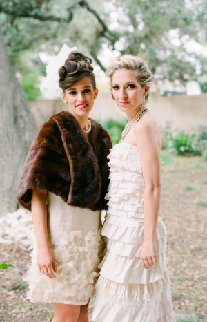 Fur Caplet Over Neutral Bridesmaids Dress
