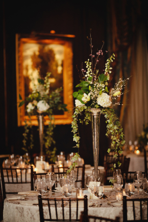 Green and Cream Reception Arrangements in Silver Trumpet Vases