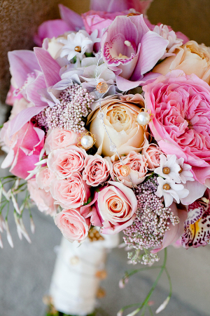 Peach Pink and Lavender Bouquet With Pearls
