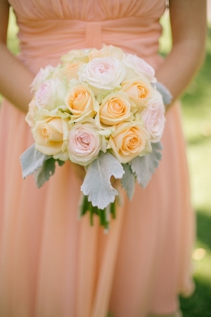 Peach and Pink Rose Bouquet With Dusty Miller