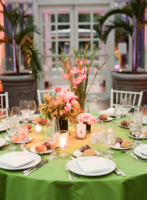 Pink and Citrus Green Reception Table Decor