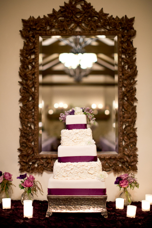 Square Wedding Cake With Plum and Lavender Accents 