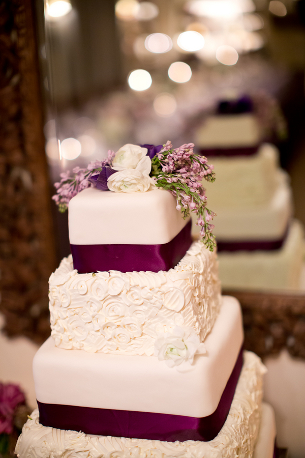 Square Wedding Cake With Plum and Lavender Accents