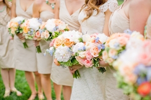 Taupe Bridesmaids Dresses Colorful Bouquet