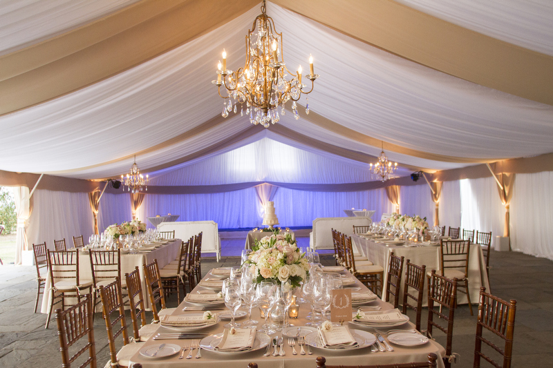 Blush and Cream Reception Tent With Chandeliers