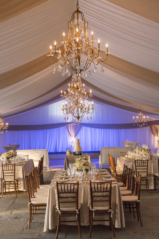 Blush and Cream Reception Tent With Gold Chandeliers