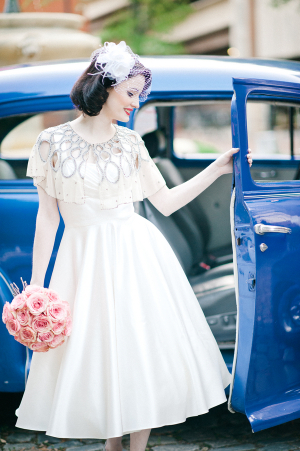 Vintage Bridal Portrait With Antique Blue Car