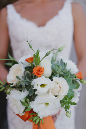 White and Orange Flower and Succulent Bouquet