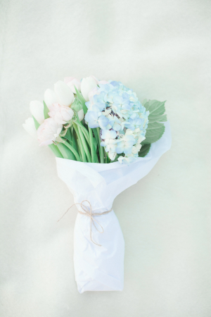 Blue Hydrangea and White Tulip Bouquet