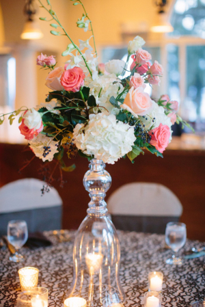 Pink and White Reception Flowers in Glass Candlestick Vase