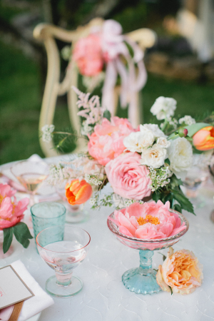 Vintage Blue Glass and Pink Floral Tea Party Decor