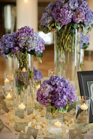Blue and Purple Hydrangeas on Reception Entry Table