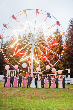 Bridal Party in Front of Ferris Wheel