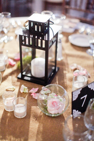 Burlap Linens and Lanterns on Reception Tables