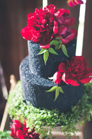 Dark Red Flowers on Black Wedding Cake