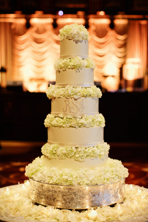 Monogrammed Wedding Cake With Hydrangeas
