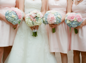 Pink Blue and Cream Hydrangea and Rose Bouquets