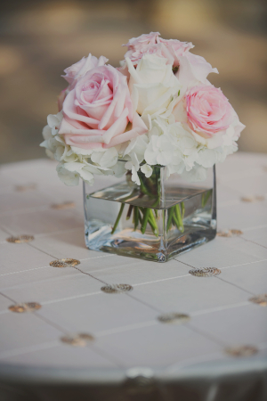 Pink and Cream Roses in Glass Vase