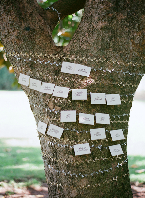 Reception Place Cards Wrapped Around Tree Trunk