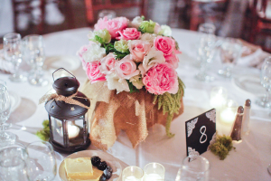 Rose and Peony Burlap Wrapped Centerpiece