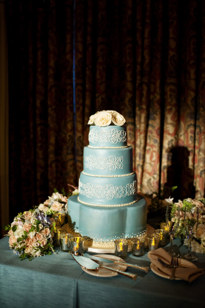 Blue Cake with White Filigree