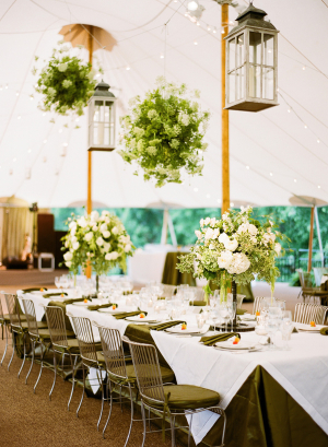 Floral Chandeliers in Tent Reception