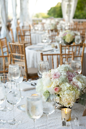 Ivory and Pink Hydrangea and Rose Centerpiece