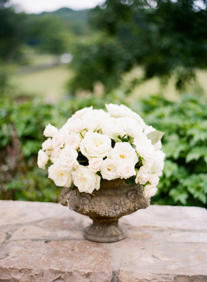 White Rose Centerpiece in Stone Vase