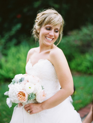 Bride with Peach and Cream Bouquet