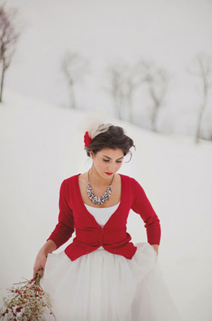 Winter Bride in Red Cardigan
