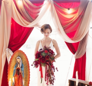 Deep Red Cascading Bouquet Art Deco Wedding Inspiration