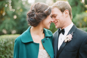 Teal Winter Coat Over Bridal Gown