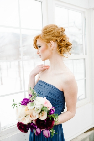 Blue Bridesmaids Dress Purple Bouquet