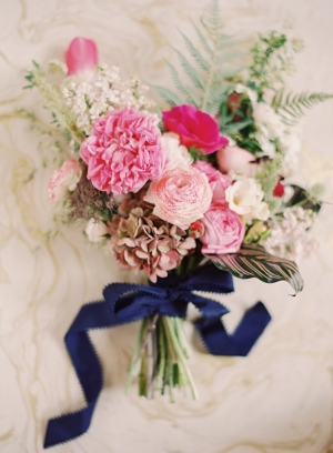 Pink Wedding Bouquet with Blue Ribbon