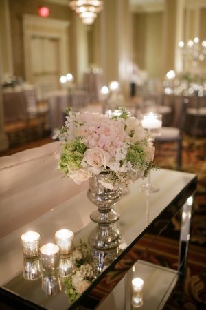 Pink and Green Florals in Silver Vase