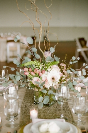 Curly Willow and Pink and Green Floral Centerpiece