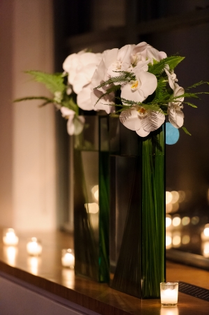 Orchids and Fern in Tall Vase