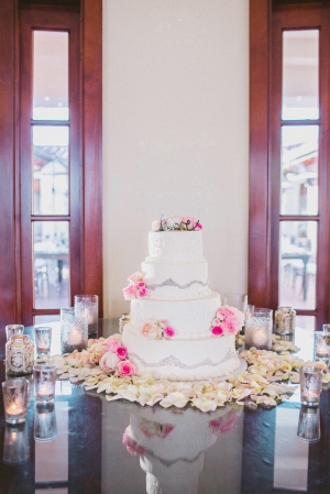 White Wedding Cake with Pink Roses