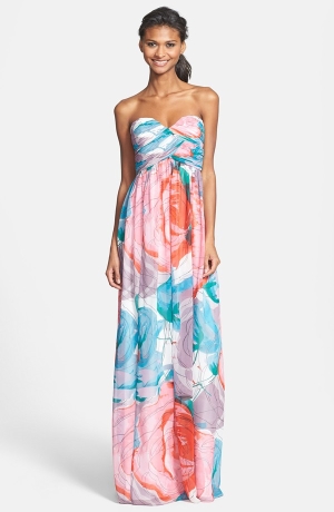 Laura Print Strapless Sweetheart Chiffon Gown