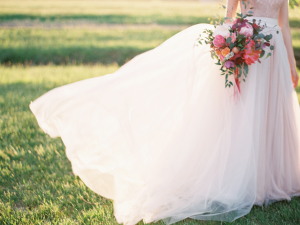 Blush Wedding Dress Colorful Bouquet