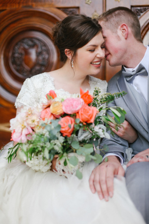 Bride with Coral and Pink Bouquet