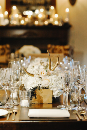Gold Antler and White Rose and Hydrangea Centerpiece