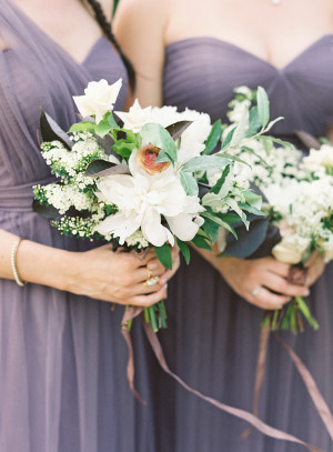Purple Bridesmaids Dresses with White Bouquets