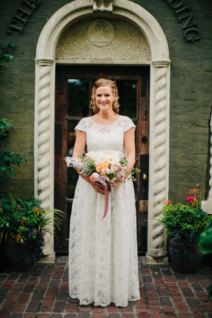 Bride in Lace BHLDN Gown